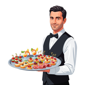 Male Caterer Serving Gourmet Appetizers on Silver Tray