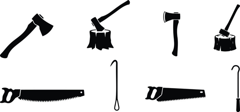 Set of black silhouette logging tools and wood axes