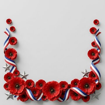 Red poppy flowers frame with patriotic ribbons and silver stars for memorial day or veterans day celebration