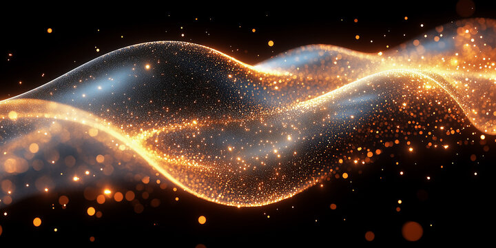 Abstract glowing golden wave of sparkling particles and bokeh lights on black background. Luxurious fluid glitter banner for holiday or celebration concept.