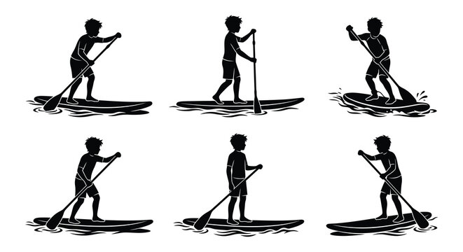 Stand up paddleboard silhouettes depicting various paddling poses vector illustration