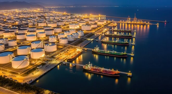 Vast oil storage tanks illuminated at dusk. Tanker ships docked at a bustling terminal.