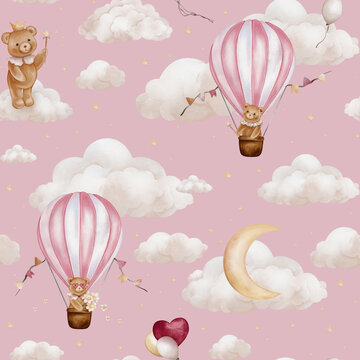 Watercolor seamless pattern features pink hot air balloons, fluffy clouds and teddy bears. For kids textiles, wallpaper. Repeat design with moon ,hearts and stars