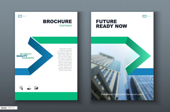 Brochure covers, blue, green design with stripes. Business information banner frame, annual report. Title page set. Font. Urban office architecture, skyscrapers. Advertising folder Vector illustration