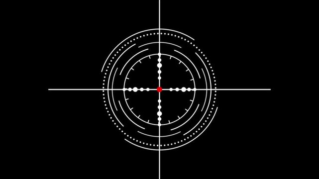 A glowing red electronic cross hair and circular target HUD interface pulse on a dark background. Ideal for Sofia video games, security system visuals, and technology overlays.