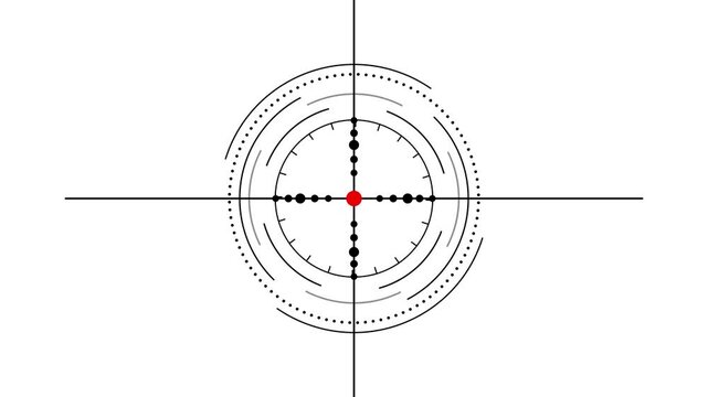 A glowing red electronic cross hair and circular target HUD interface pulse on a dark background. Ideal for Sofia video games, security system visuals, and technology overlays.