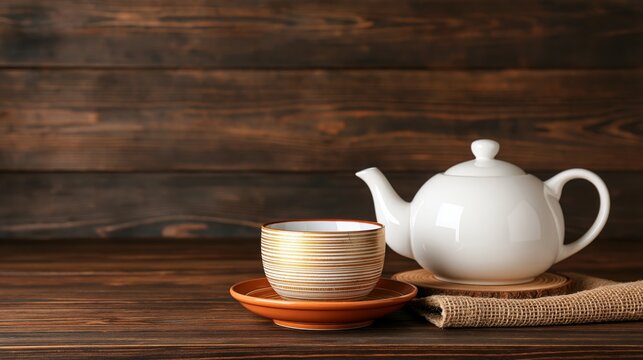 White teapot and stacked cups on wooden table against dark wall  