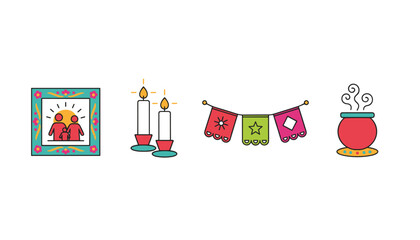 Fototapeta premium Festive day of the dead elements including family photo frame, burning candles, hanging banner, and cauldron.