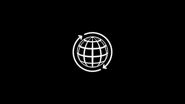 Animated global network icon with circular rotating arrow on black background. Planet earth animation with circulating arrows representing global sustainability environment concept