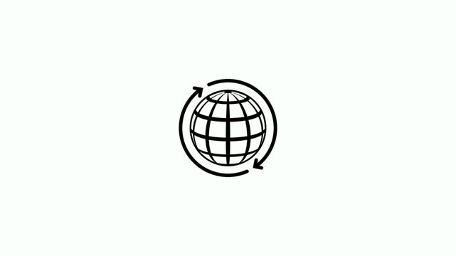 Animated global network icon with circular rotating arrow on white background. Planet earth animation with circulating arrows representing global sustainability environment concept