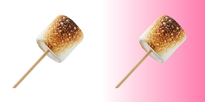 Roasted marshmallow on a wooden stick isolated on transparent background