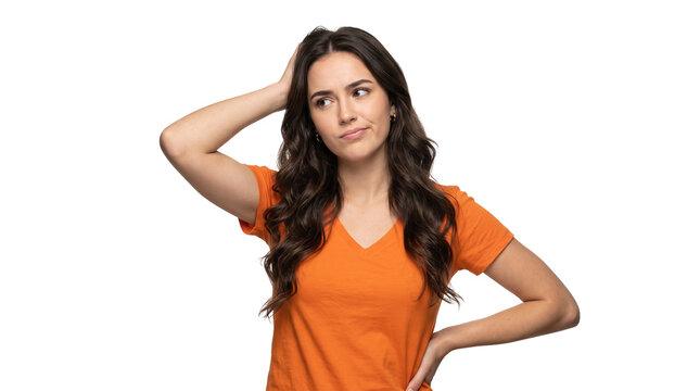 Confused Young Woman Scratching Head Pondering Problem Isolated on White