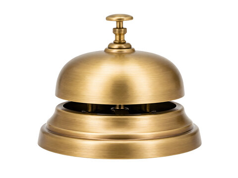 Vintage brass hotel bell, antique service desk ringer, classic reception call bell isolated on Transparent Background