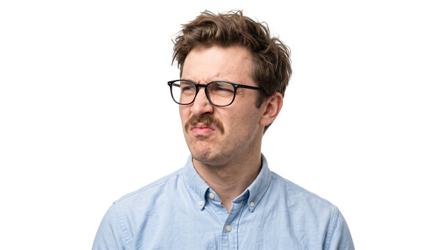 Disgusted Man Grimacing with Moustache and Glasses, Isolated on White Background