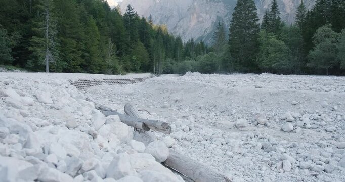 Almost completely dry riverbed of Pi&scaron;nica alpine river in Slovenia, Europe, during Summer heatwave