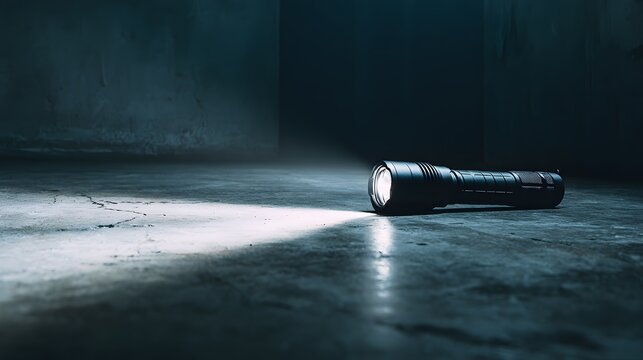 Black flashlight shining beam across dark concrete floor.