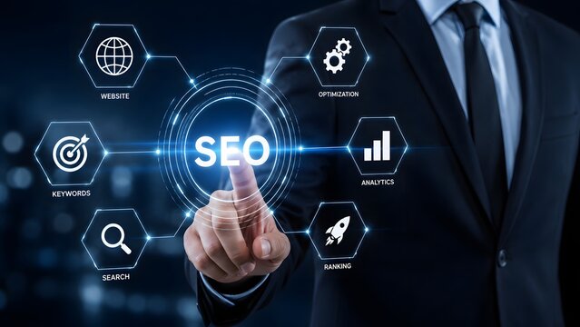 Professional businessman using advanced digital technology to optimize search engine marketing strategy for business growth and online visibility success