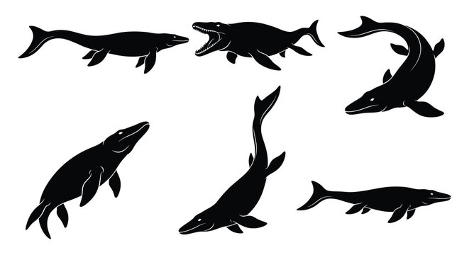 Black silhouettes of prehistoric mosasaurs vector illustration