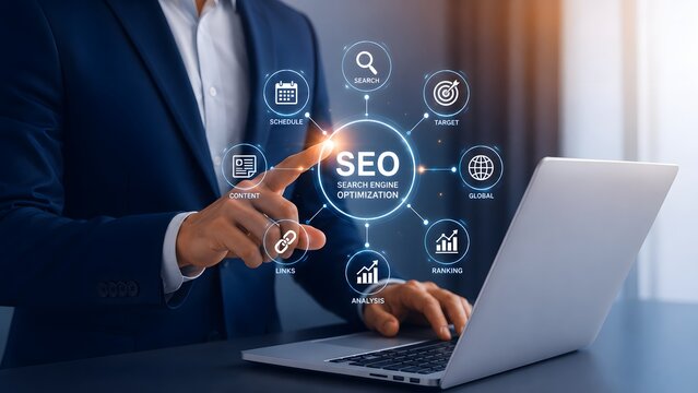 A professional businessman using modern technology to manage search engine optimization strategies on a digital interface for business growth success