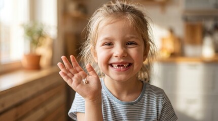Fototapeta premium A joyful young girl with a missing front tooth waves happily in a warmly lit room.