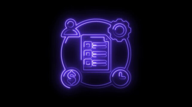 Business process management icon with checklist dollar sign clock and gear neon glowing animation