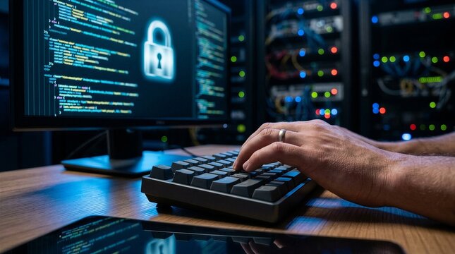 Cybersecurity Professional Monitoring Protected Computer Network and Server Systems - Data Security Concept