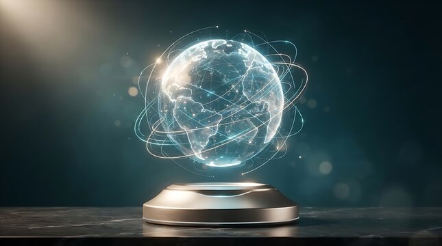 Illuminated human brain hologram displaying a world map on a dark background