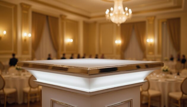 Prestige and Anticipation: An illuminated trophy pedestal inside an elegant event hall 