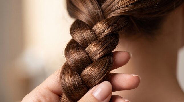 Close-up of a hand holding a neatly braided section of long, shiny brown hair.