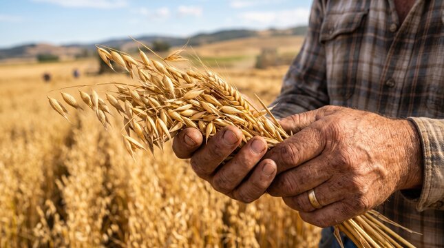 A farmer holds a bundle of ripe wheat in a golden field under a clear sky, highlighting agricultural labor and the harvest season.