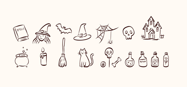 Halloween doodle collection witch hat, cauldron, skull, haunted house, spider web