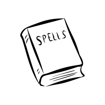 Black and white drawing of a spells book in simple line art style