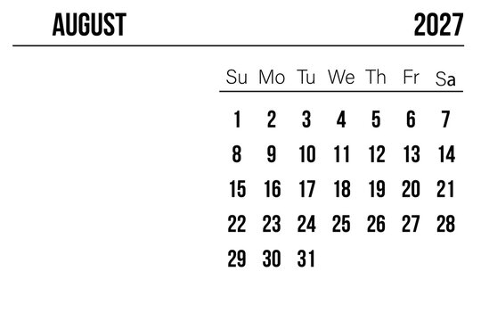 August 2027 calendar page with weekdays shown in simple black and white layout