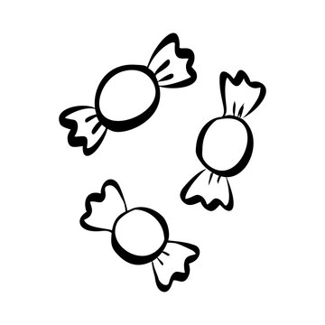 Minimalist black and white candy art with three wrapped sweets on white