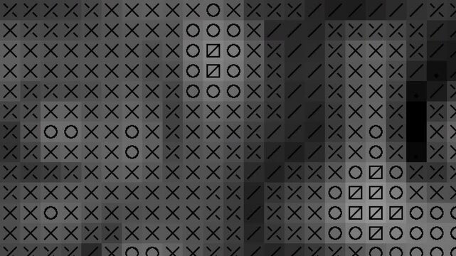 Abstract technology random dots and grid background with geometric symbols grid, monochrome cross and circle pattern movement, dark digital code matrix motion graphic.
