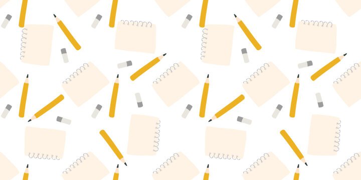 Creative seamless pattern with pencils, notepads, and erasers on a white background