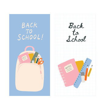 Colorful school supplies with backpack and stationery for back to school