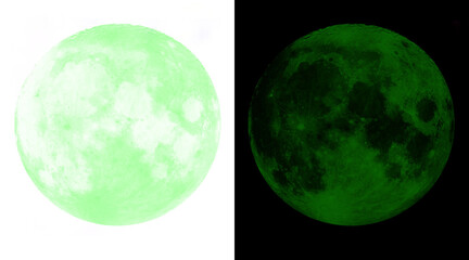 Glowing green full moon illustration, luminous lunar sphere on black and white backgrounds, mystical celestial body for space design © Shovon