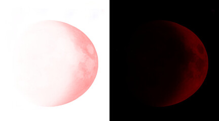 Blood moon lunar eclipse illustration, red celestial sphere on black and white backgrounds, mystical astronomical moon phase graphic © Shovon
