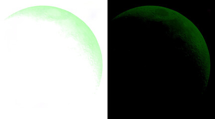 Green moon phase illustration, glowing lunar crescent on black and white backgrounds, mystical celestial planet art for space design © Shovon