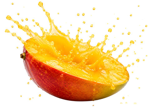 Fresh mango splash, juicy tropical fruit slice, yellow juice explosion isolated on Transparent Background