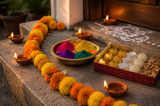 Clay diya lamps, marigold garland, rangoli powders, and Indian sweets for Diwali celebration