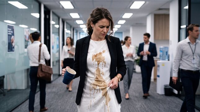 Stressed Businesswoman Looking at Coffee Stain on White Dress After Accident in Corporate Office Hallway
