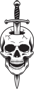 Skull pierced by a sword a black and white vector illustration