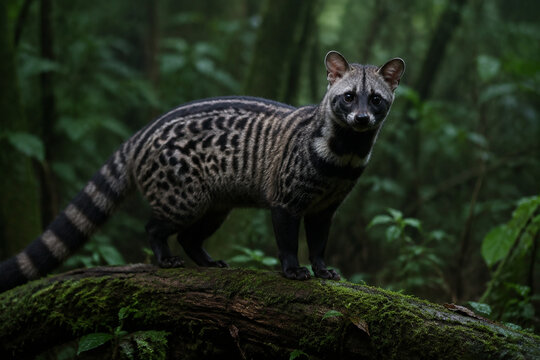 Wild African civet on mossy log in dim rainforest, spotted coat and dark face mask, wildlife and nature concept