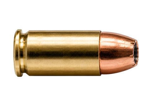 Brass handgun bullet, hollow point ammunition, copper pistol cartridge for self defense isolated on Transparent Background