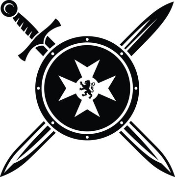 Black and white medieval heraldic shield with cross and crossed swords for knight design