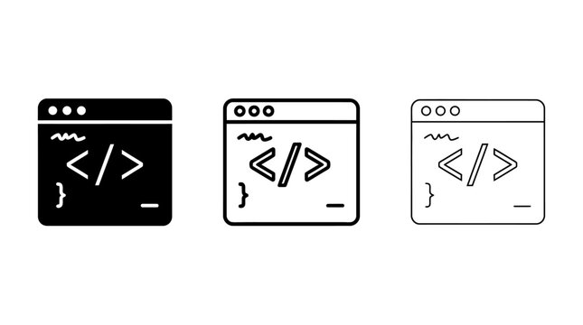 Set of programming code window icons representing software development and web application interface design in multiple styles