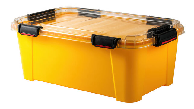 Yellow plastic storage container featuring a transparent lid and secure black latches stands ready for organizing various items in a home or office setting.