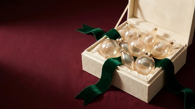 Vintage glass christmas ornaments in a cream box with green velvet ribbon